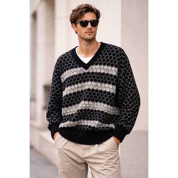 Vince Cashmere Wool Blend Oversized V-Neck Sweater Honeycomb Knit XS